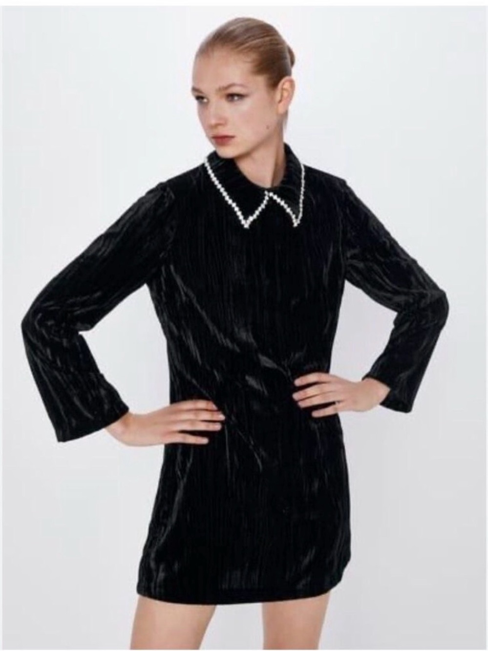 Zara black velvet crystal collar dress Medium long sleeves Party Cocktail winter